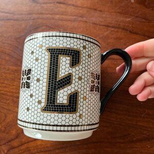 Anthropologie Margot Monogram Mug‎ E Black & White With Gold Accents